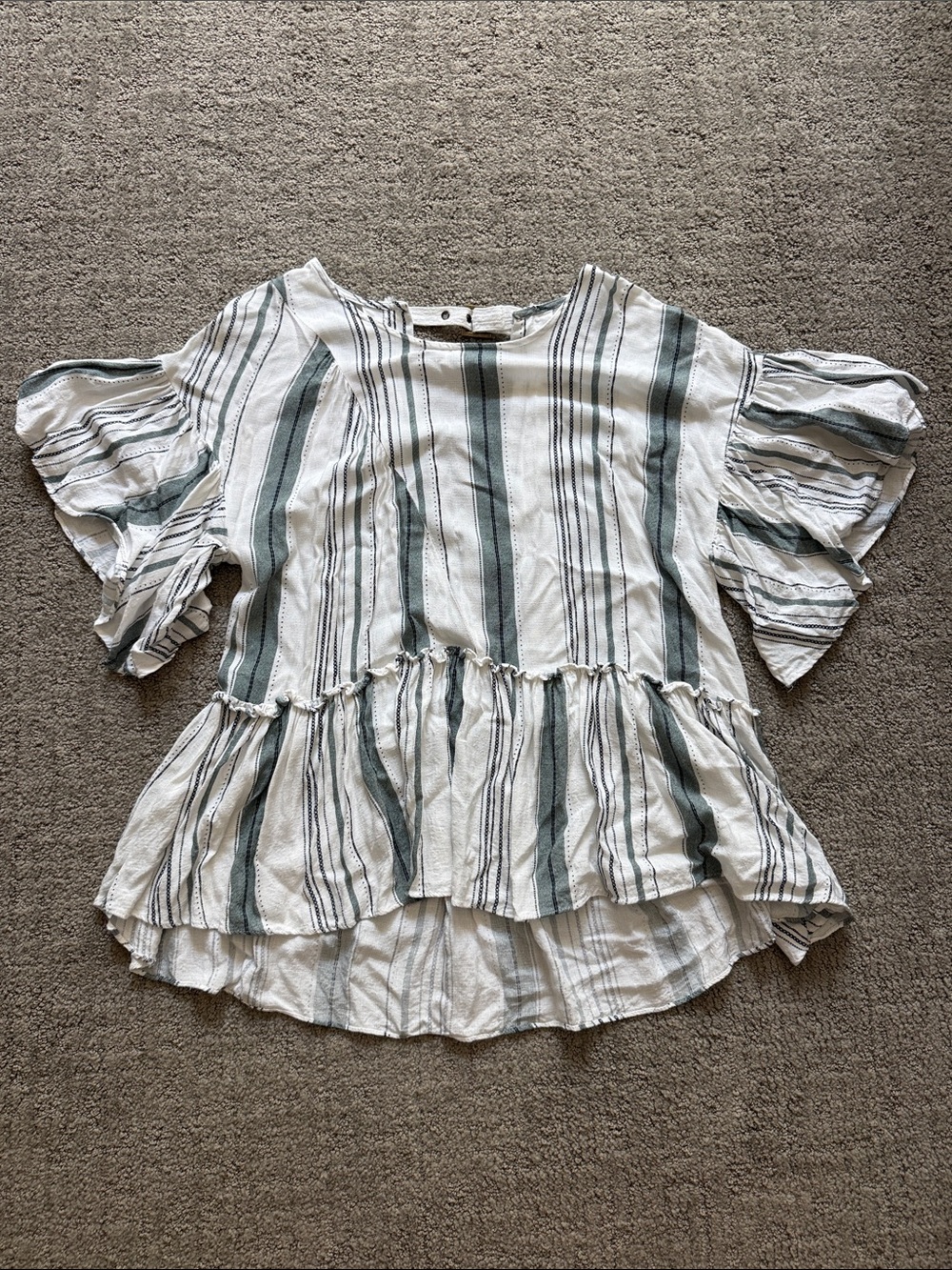 Moon River White & Sage Striped Ruffle Peplum Tunic